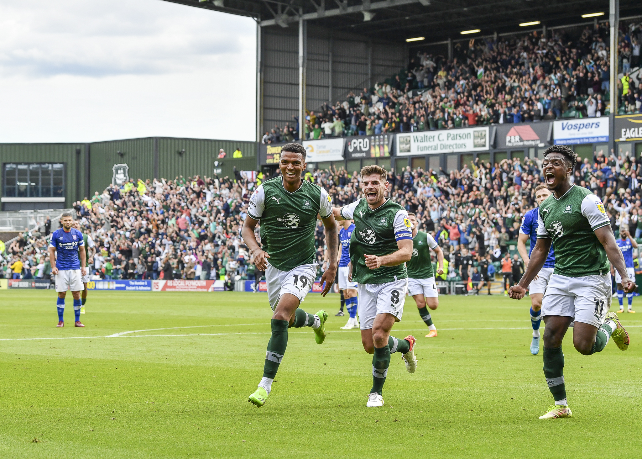 Argyle celebrate taking the lead v Ipswich