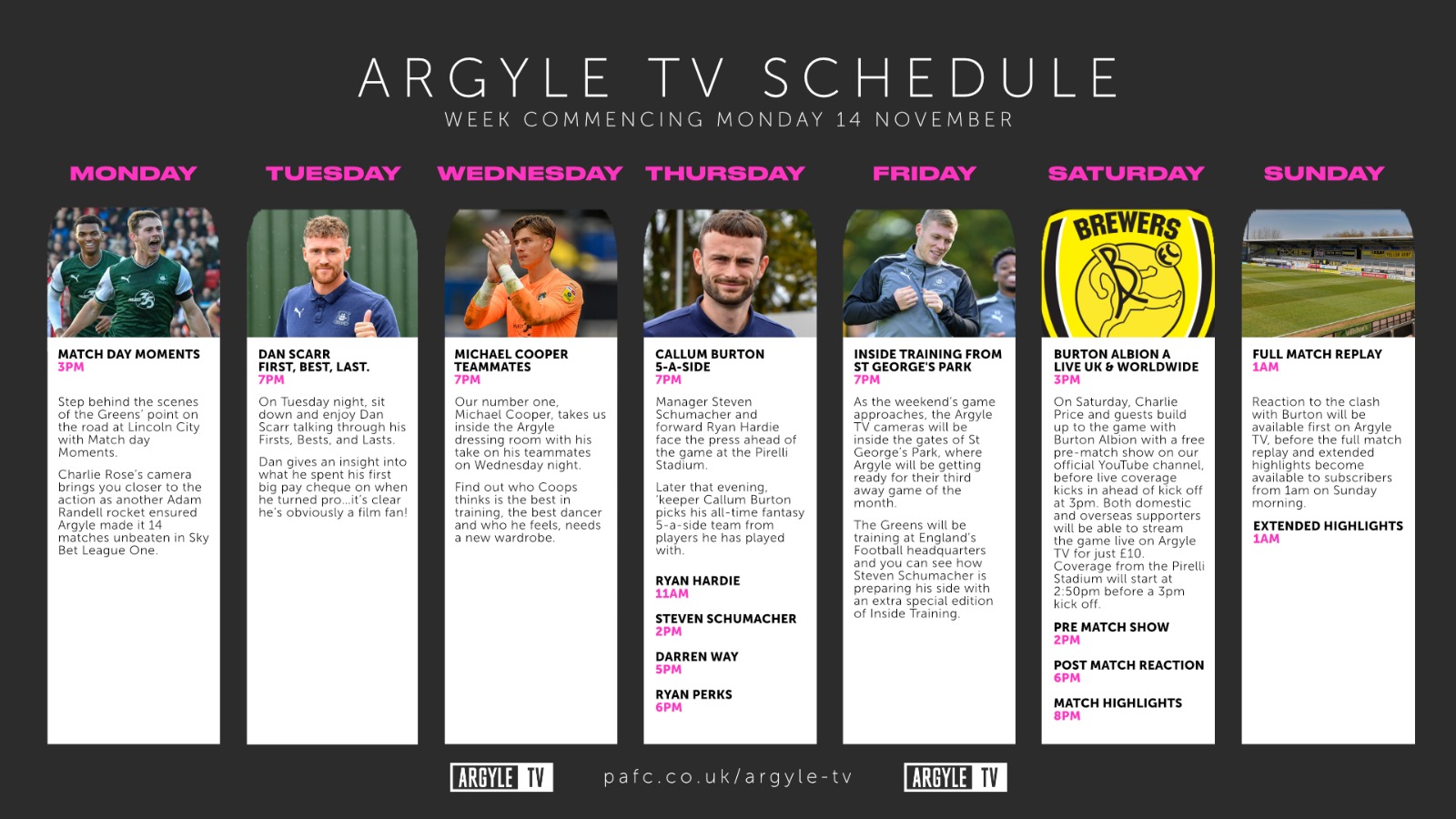 Argyle TV schedule week beginning Monday 14 November