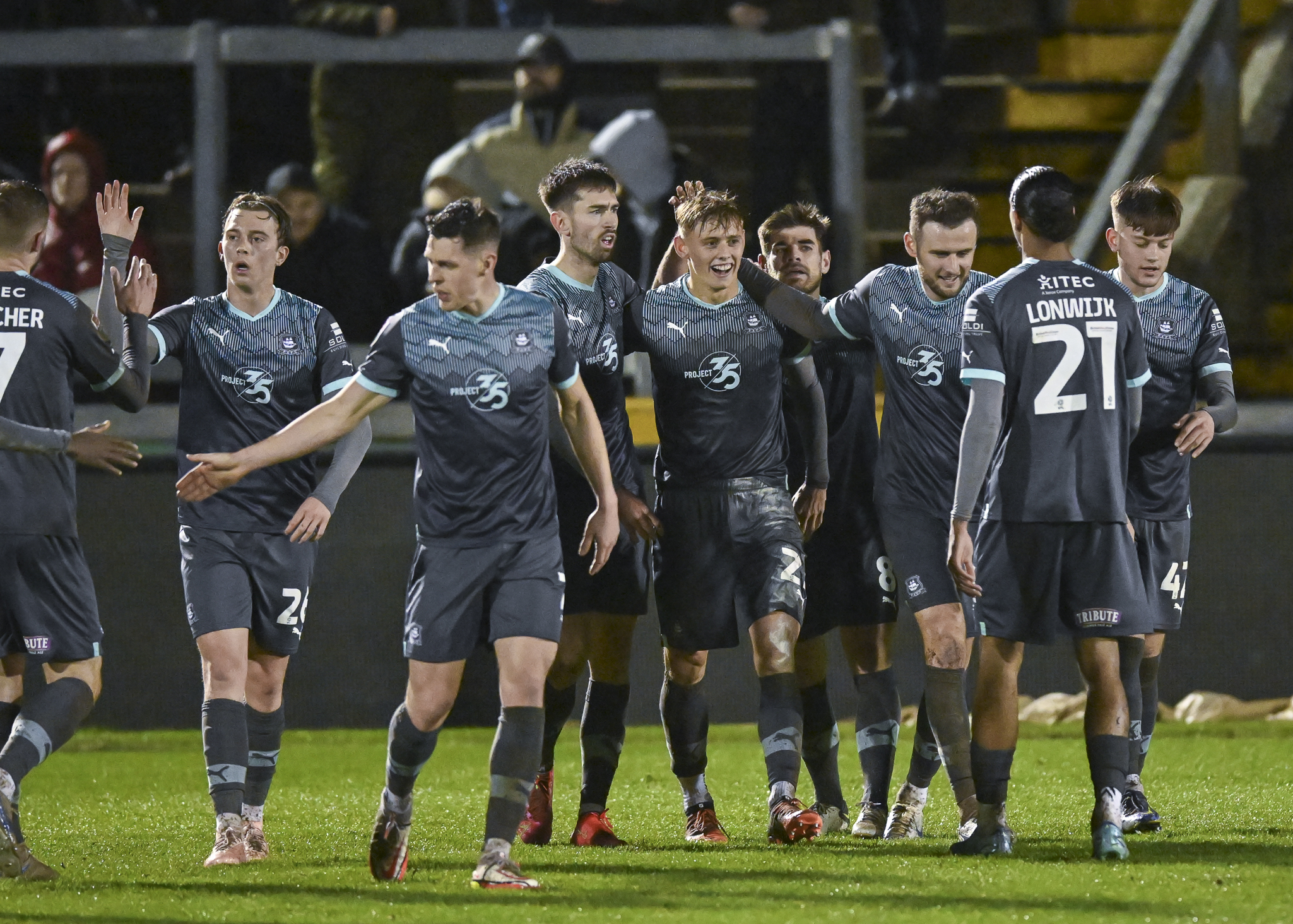 Argyle celebrate Papa Johns win at Bristol Rovers