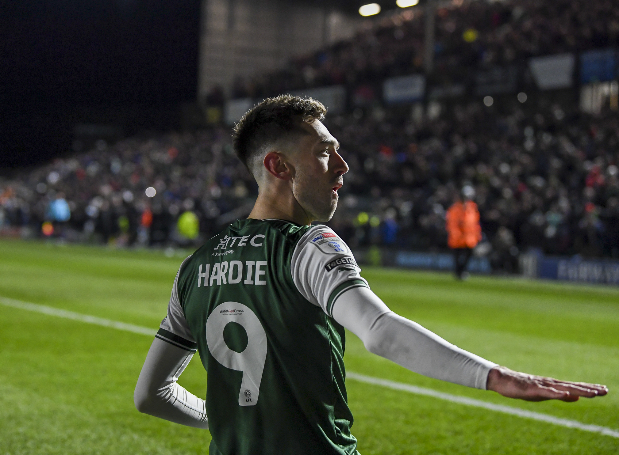 Ryan Hardie celebrates scoring against Derby County at Home Park