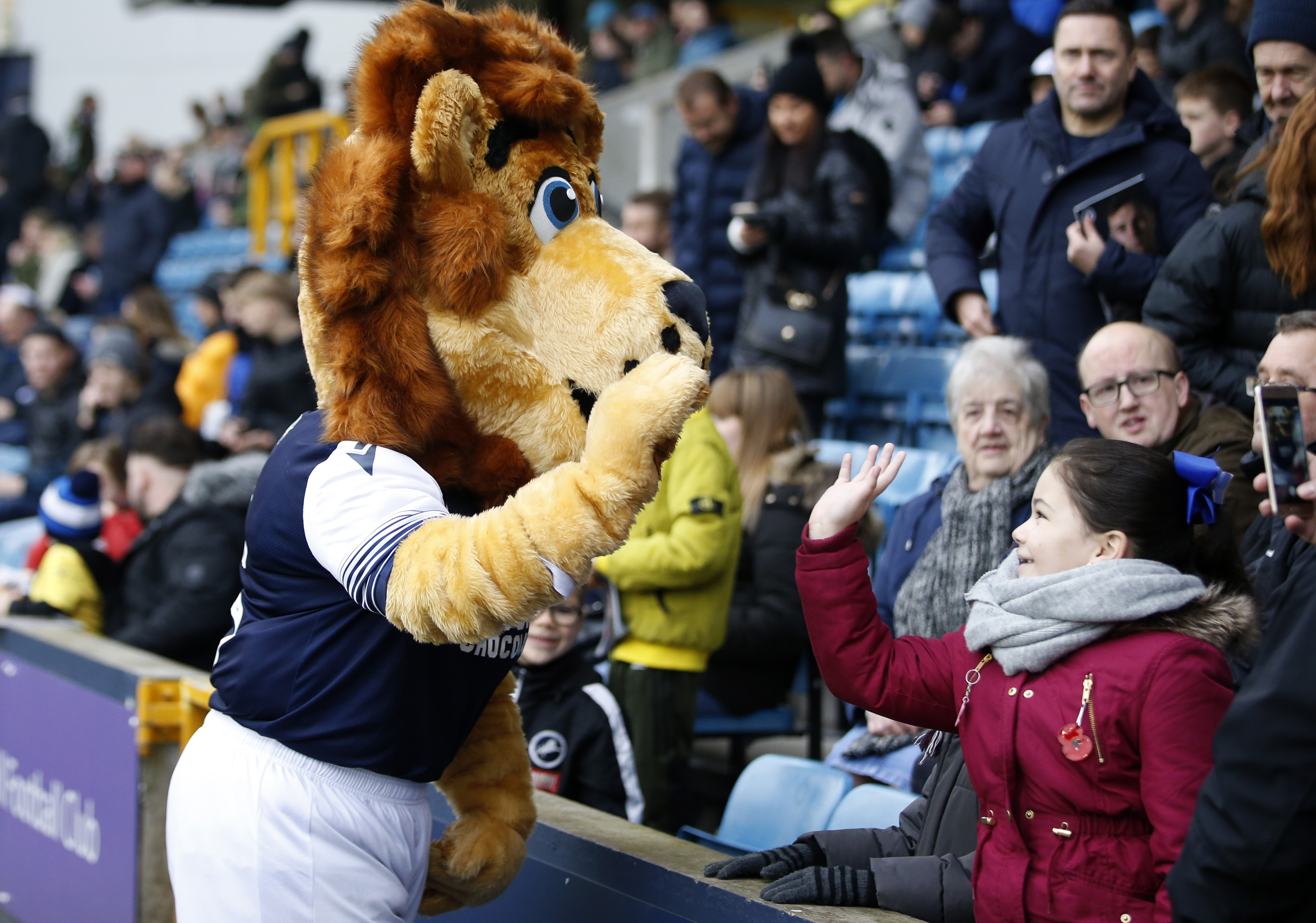 Millwall mascot Zampa the Lion high fives a young fan