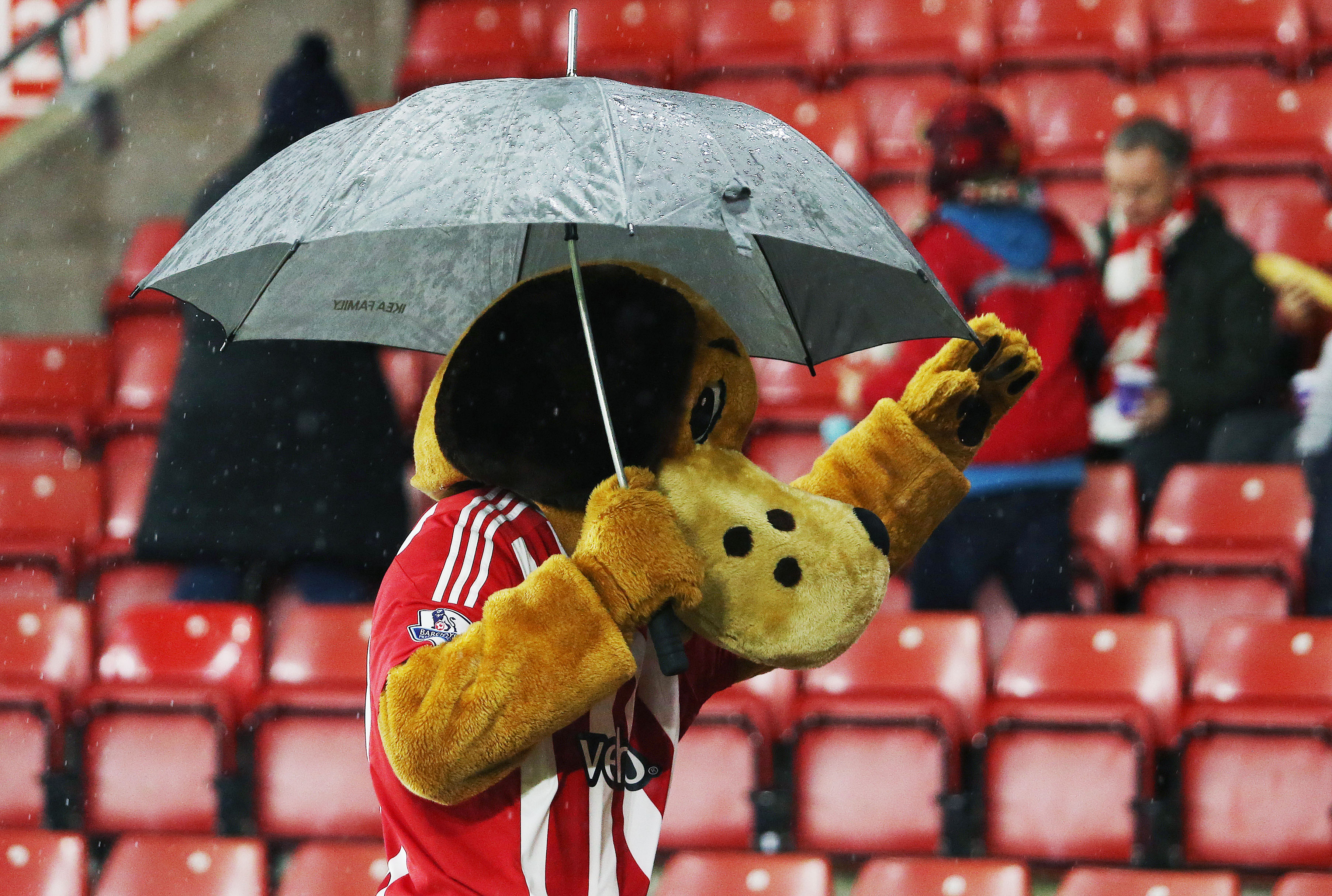 The Southampton mascot shelters under an umbrella in poor conditions