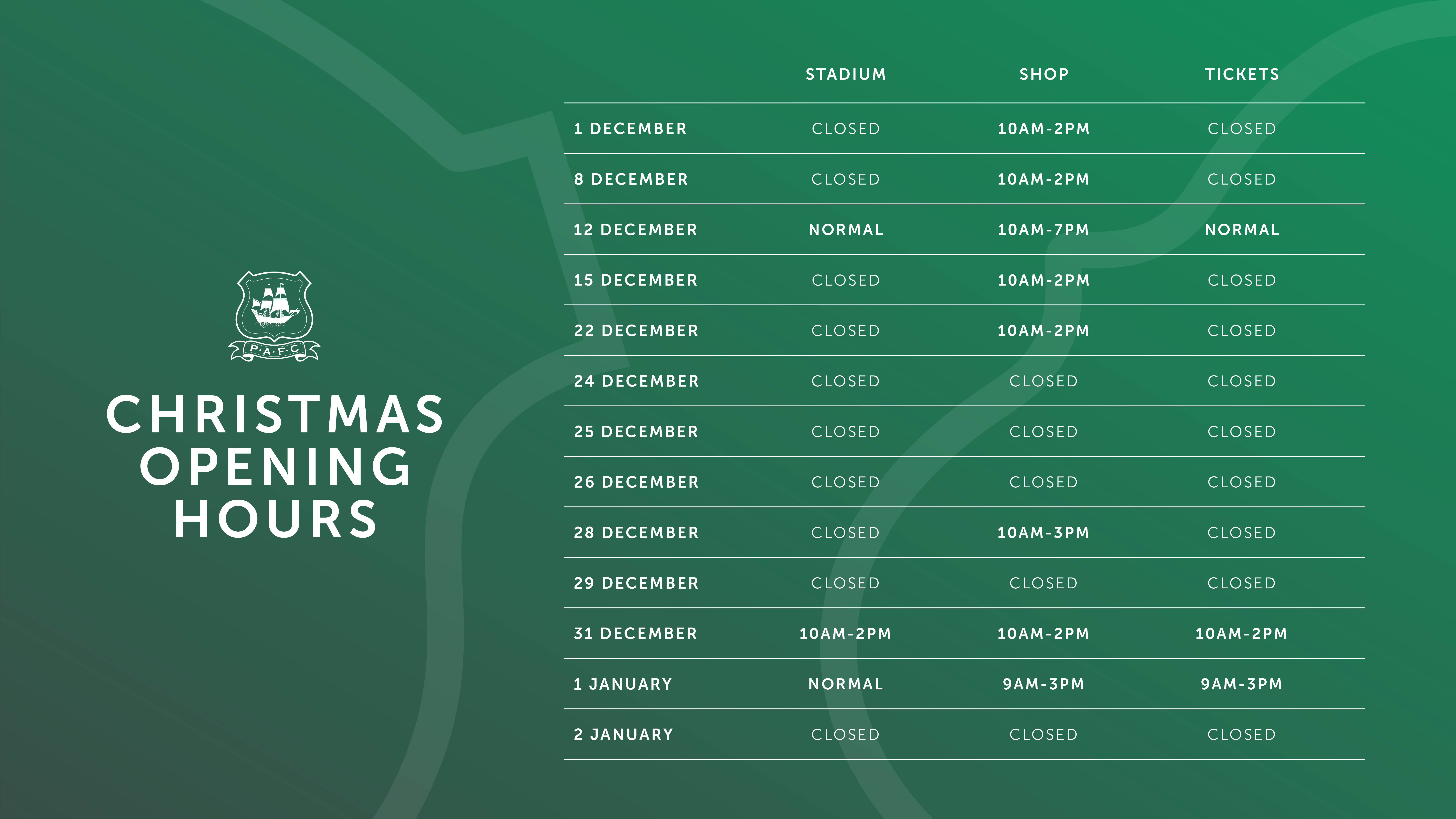 Christmas Opening Hours