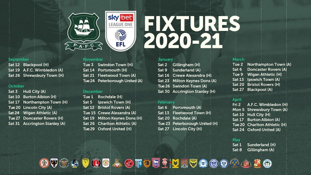 20/21 Fixtures Announced Plymouth Argyle PAFC