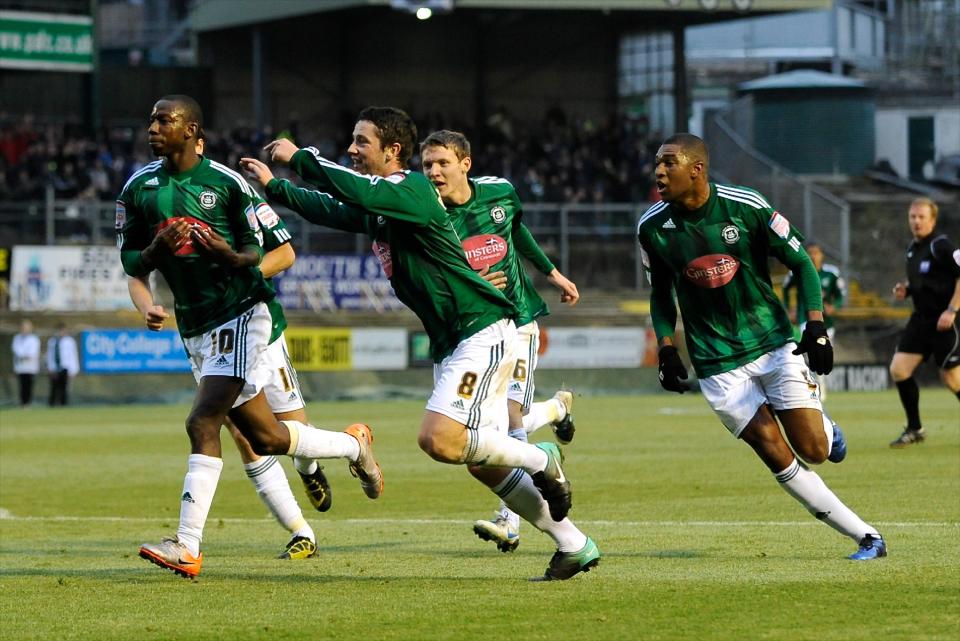 Argyle celebrate scoring against Huddersfield Town