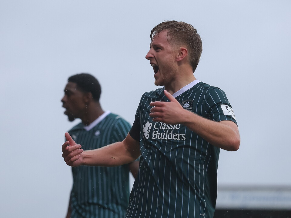 Two players celebrating in green striped football shirts, one with his mouth open, another watching.