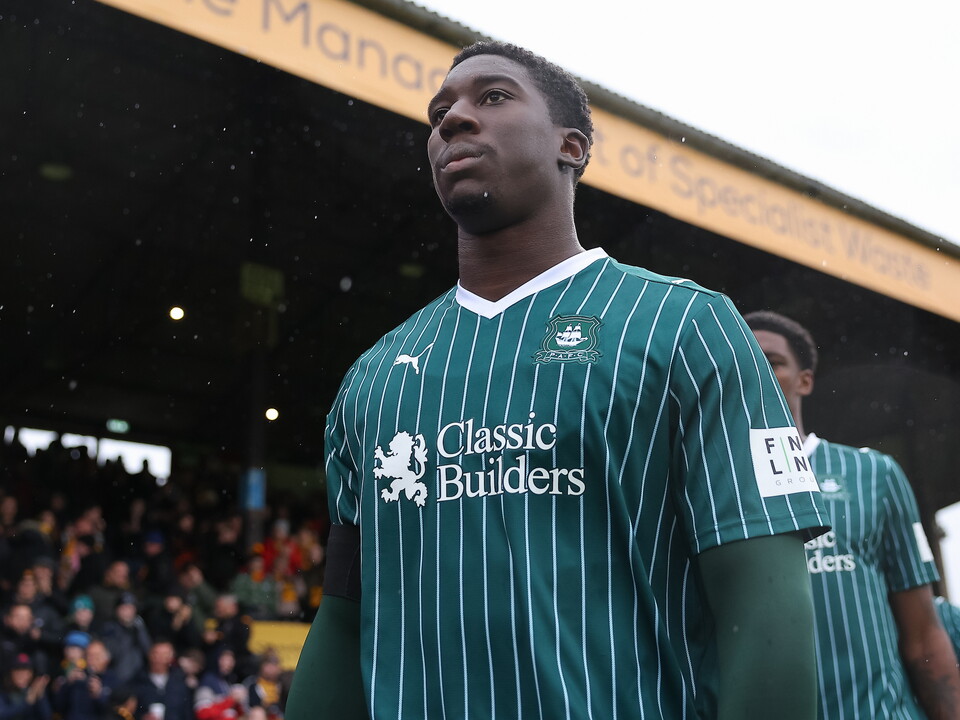 A footballer in green and white striped shirt stands in front of a crowd.
