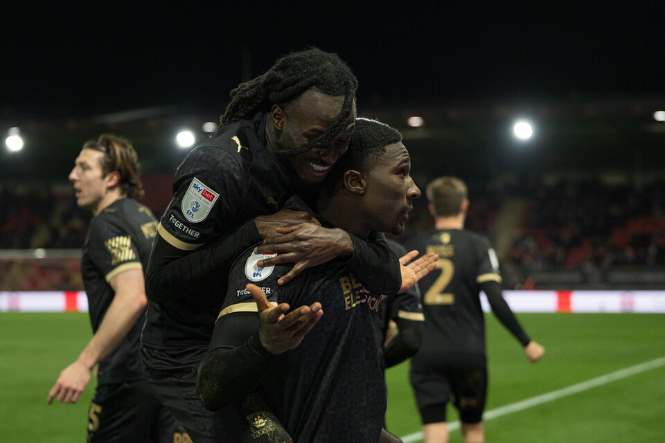 Bim Pepple celebrates scoring against Leyton Orient