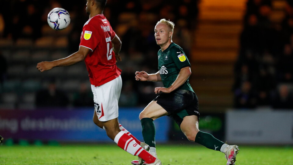 Ryan Broom taking on the Crewe defence