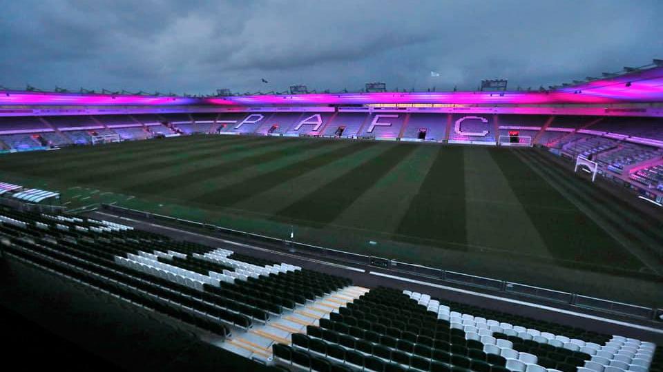 Home Park Stadium lit up blue and pink for Baby Loss Awareness Week
