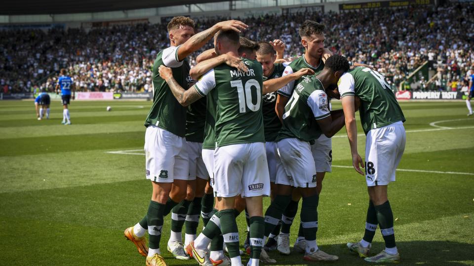 Argyle celebrate the opener against Peterborough