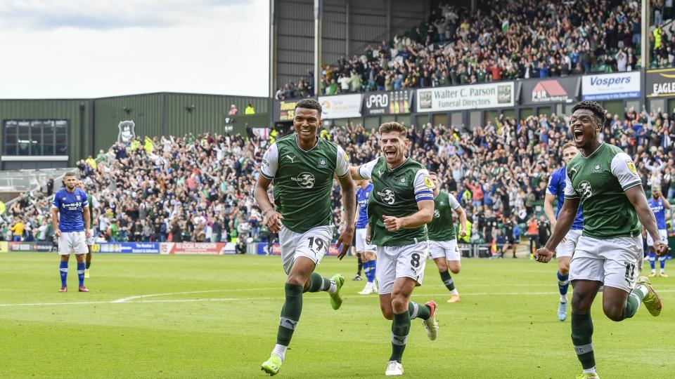 Argyle celebrate taking the lead v Ipswich