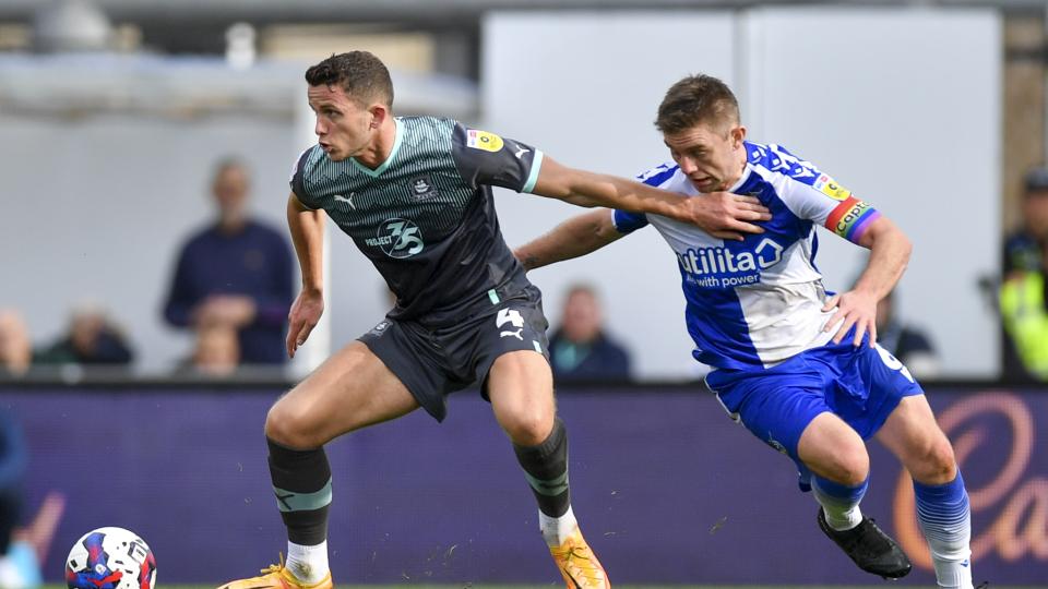Jordan Houghton battling for the ball against Bristol Rovers