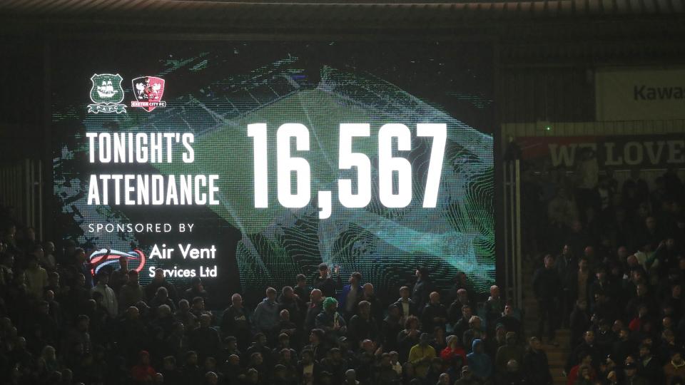 Big screen showing attendance at Devon derby