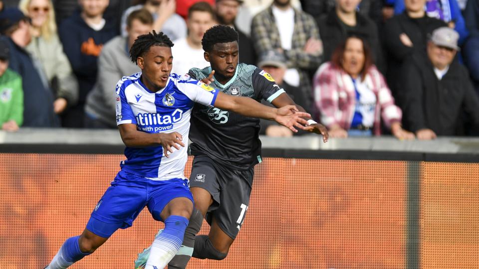 Bali Mumba tackles at Bristol Rovers