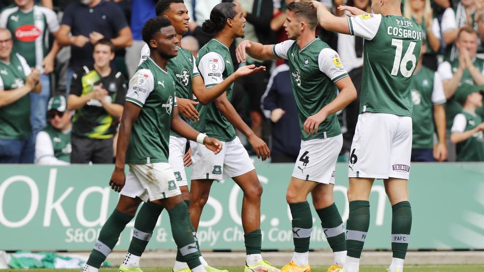 Argyle celebrate scoring against Ipswich Town