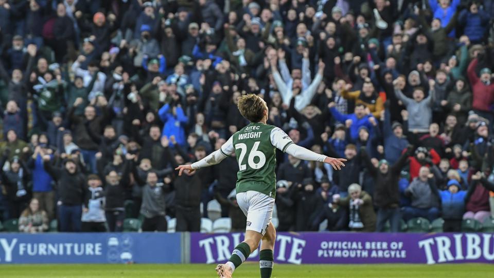 Callum Wright celebrates third goal against Cheltenham Town