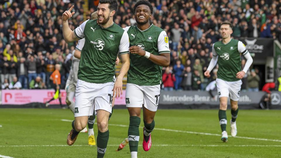 Finn Azaz celebrates scoring against Portsmouth
