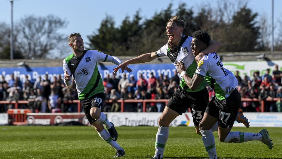 Greens celebrate taking the lead at Morecambe