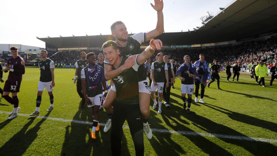 Macaulay Gillesphey and Conor Grant celebrate promotion