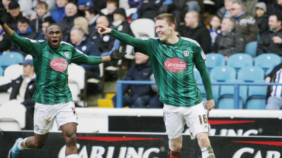 Joe Mason celebrating scoring for Argyle