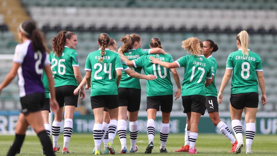 Argyle women celebrate a goal against London Bees