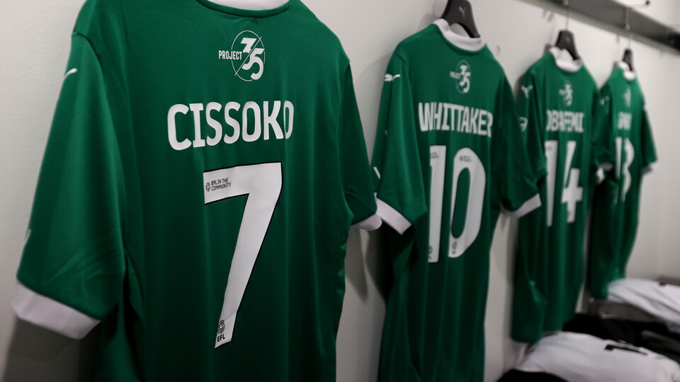 Argyle shirts hang in the Stoke dressing room