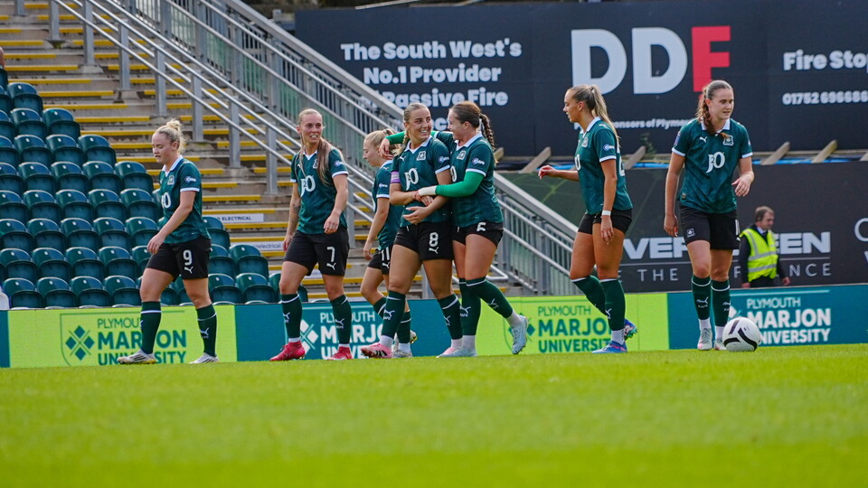 Argyle Women celebrate a goal at Home Park