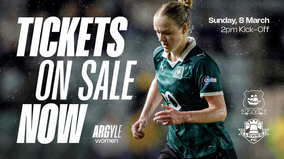 Argyle v Lewes ticket graphic, with a photo of Phoebe Hampson playing at Home Park.