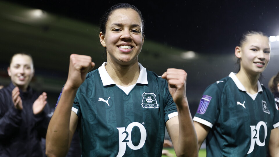 Paris Dalton celebrates Argyle's win over Exeter City at Home Park.