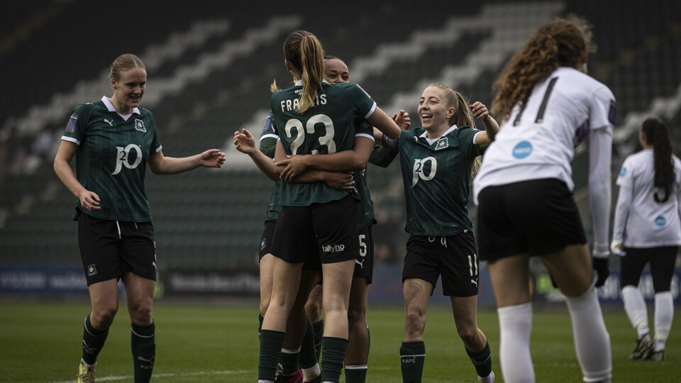 Argyle Women celebrate a goal at Home Park.