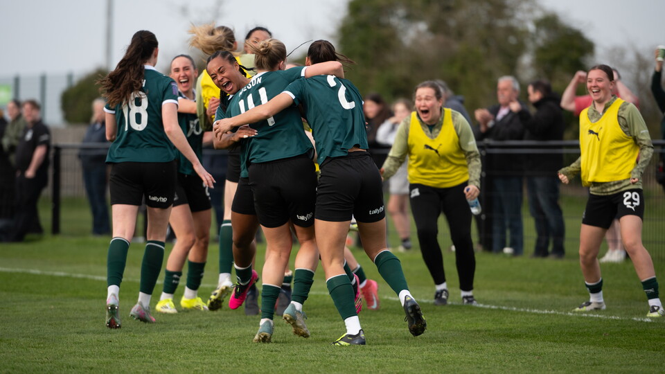 Argyle Women celebrate after scoring the winning goal against AFC Bournemouth.