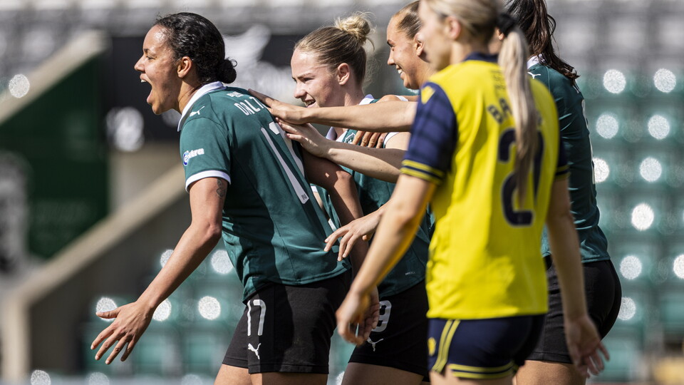 Paris Dalton celebrating at Home Park, after her goal against Oxford United.