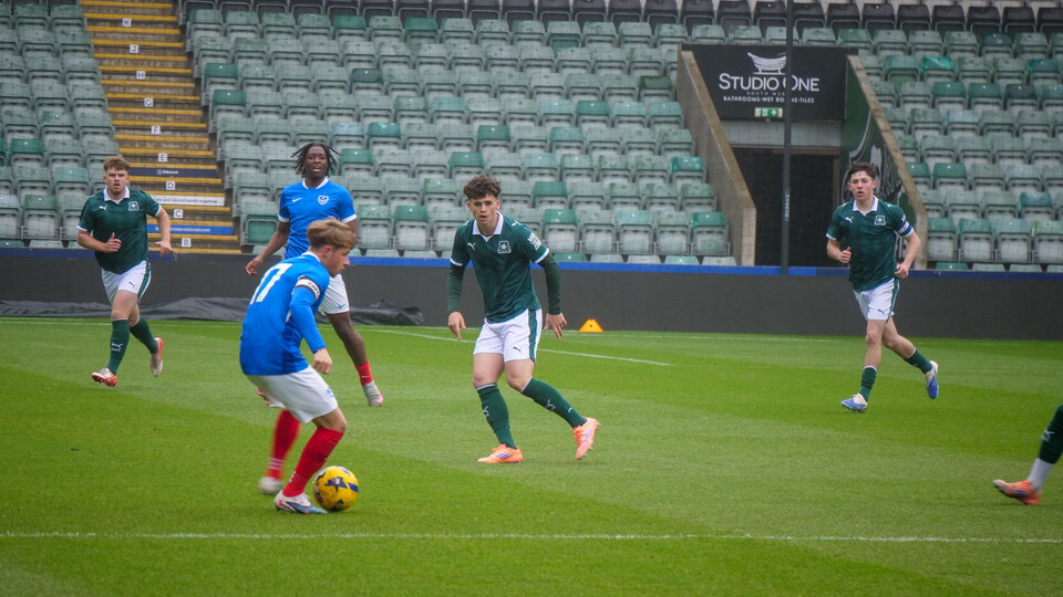 Kian Burch playing at Home Park for Argyle Under-18s.