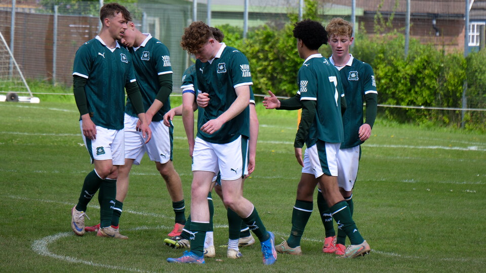 Argyle Under-18s celebrate a goal against Cheltenham Town.