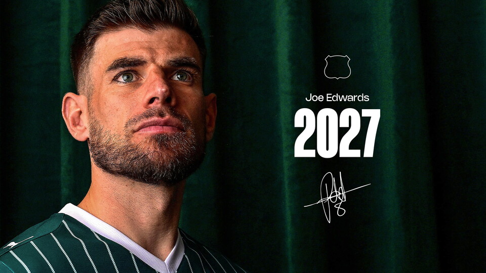 A graphic showing Joe Edwards re-signing for Plymouth Argyle for one more season.