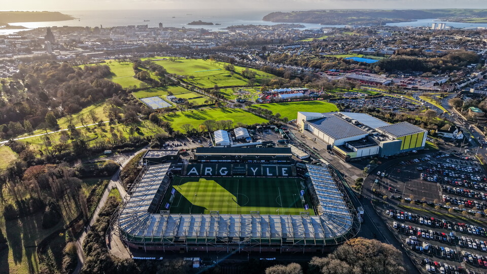 Drone shot of Home Park and the surrounding areas.
