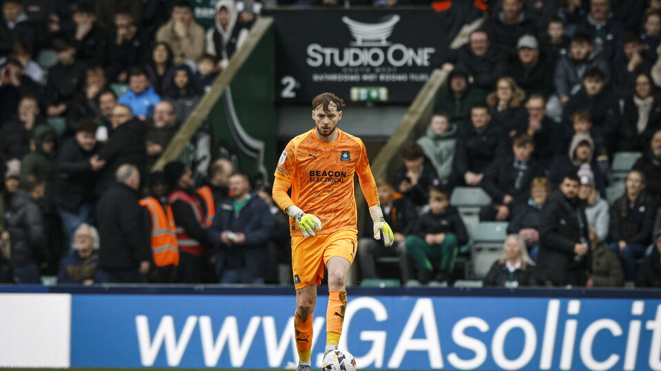 Conor Hazard playing for Argyle at Home Park.