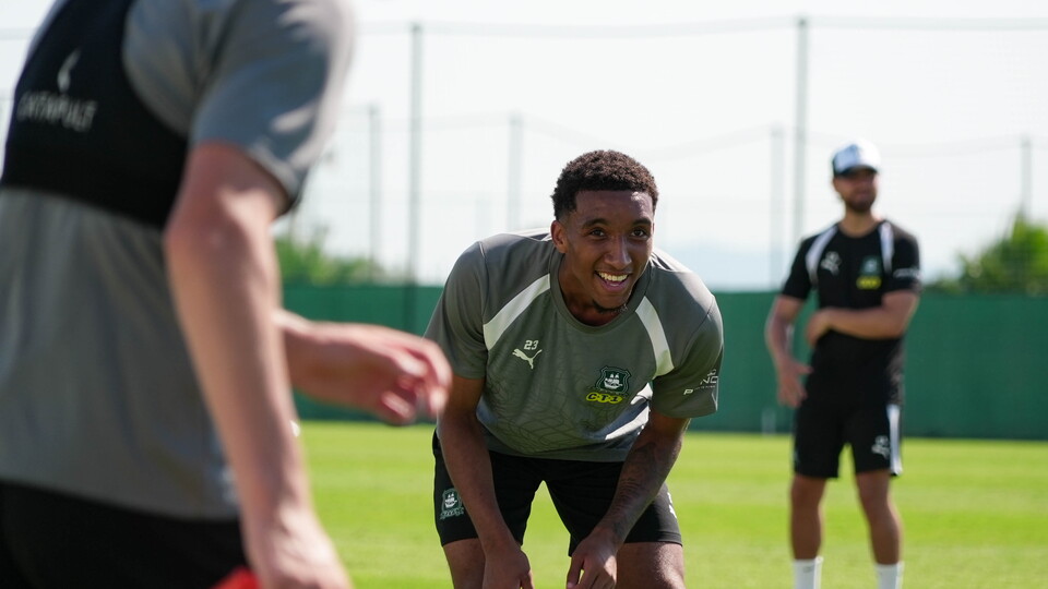 Bradley Ibrahim smiles during day one of pre-season training in Spain.