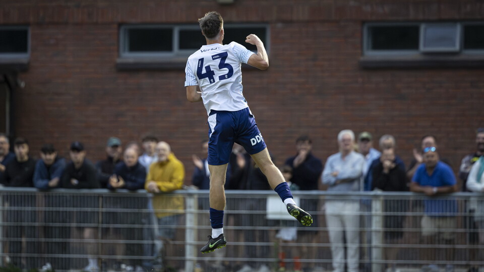 James Sharpe celebrating after scoring against Tavistock AFC in pre-season.
