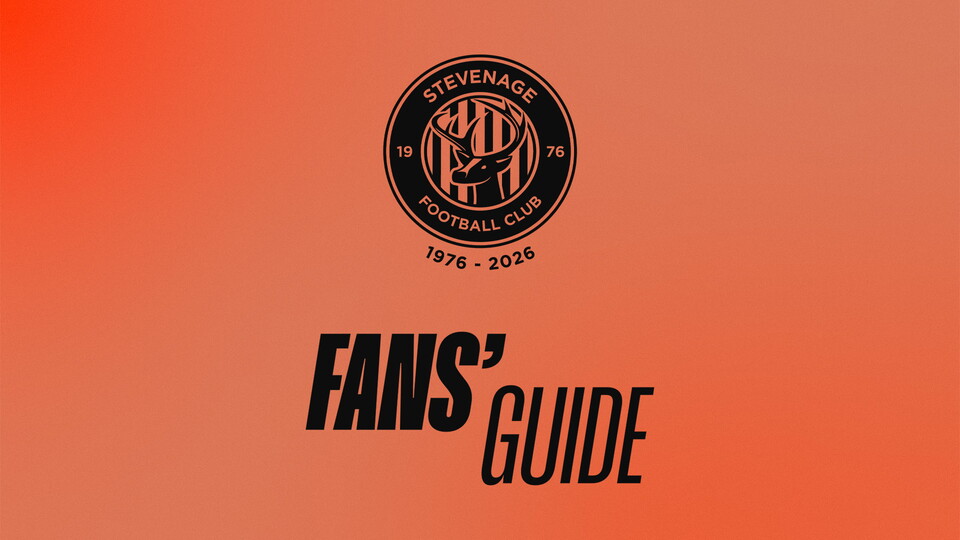 Orange background with black Stevenage Football Club logo and text Fans' Guide