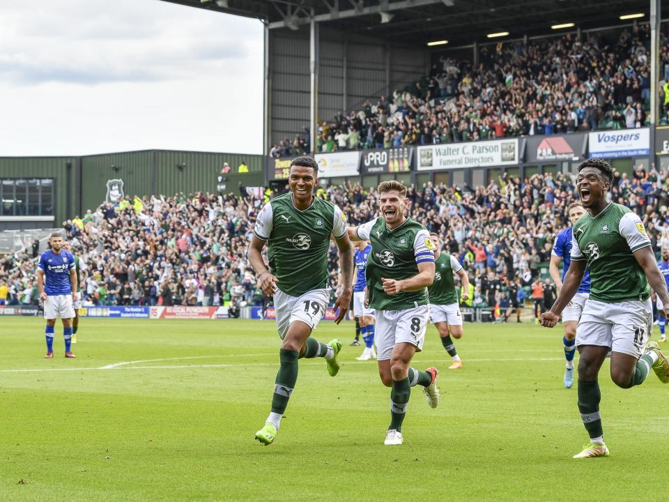 Argyle celebrate taking the lead v Ipswich