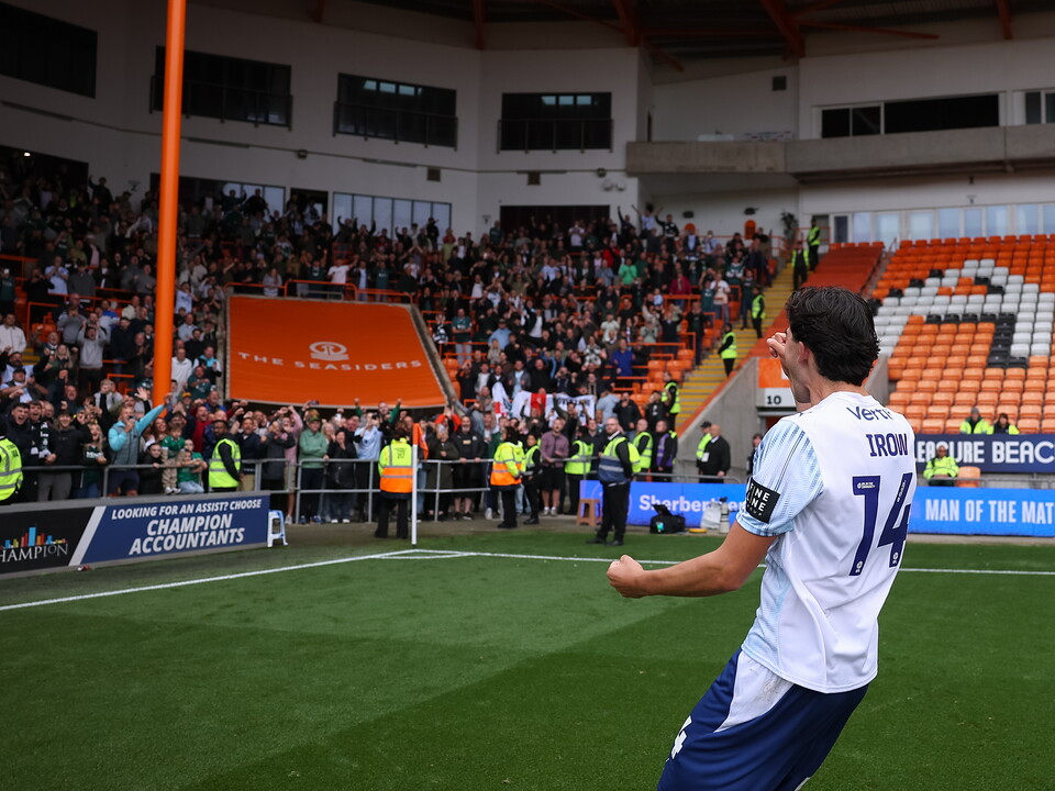 Oli Irow celebrates against Blackpool